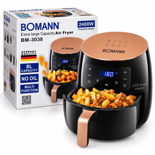 قلاية هوائية بومان بدون زيت سعة 8 لتر بقدرة 2400 واط – شاشة رقمية – أسود ونحاسي – BM-3038 BOMANN BM-3038 Extra Large Capacity Digital Air Fryer 8L 2400W – Black & Copper