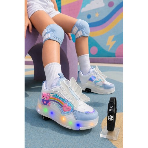 Muggo COLOURFUL حذاء رياضي أطفال بعجلات وإضاءة LED - أزرق بيبي Muggo COLOURFUL Kids' Light-Up Roller Sneaker - Baby Blue