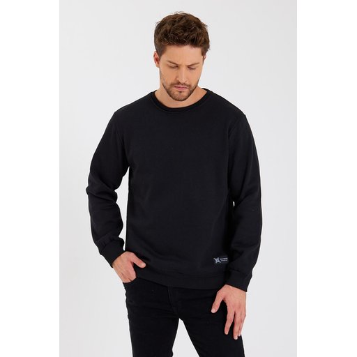 سويت شيرت رجالي أسود بياقة دائرية وتفاصيل ملصق، مبطن بالقطن Men's Crew Neck Sweatshirt with Label Detail, Cotton Lined - Black