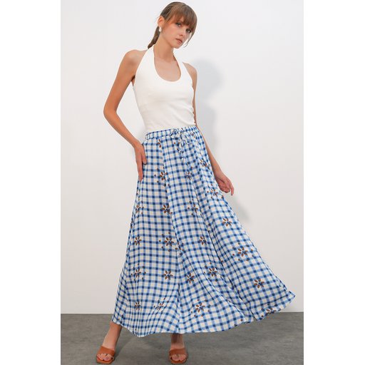 تنورة نسائية طويلة بنقشة مربعات 8065 - أزرق Women's Long Plaid Skirt 8065 - Blue