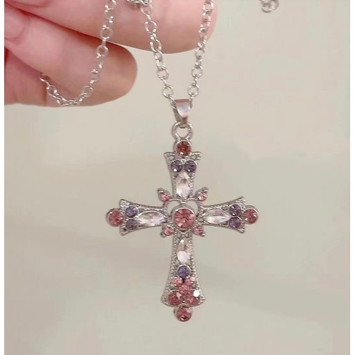 قلادة الصليب الوردي كرستالي Crystal pink cross necklace