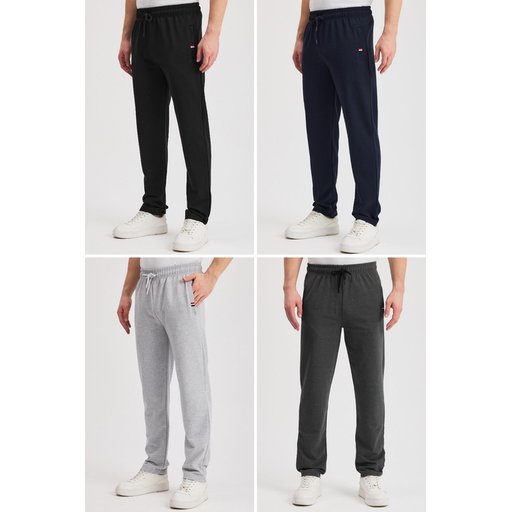 Men's 4-Pack Tracksuit Bottoms, Relaxed Fit, Straight Leg, Zippered Pockets, Embroidered Detail - Black, Navy, Gray, Anthracite