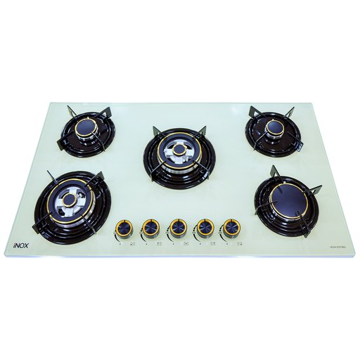 طباخ منضدي اينوكس 90 سم زجاجي بيج – 5 شعلات غاز INOX 90cm Beige Glass Gas Hob – 5 Burners