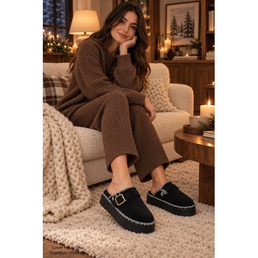 Muggo MAYRA شبشب نسائي شتوي يومي بفرو داخلي وإبزيم - أسود Muggo MAYRA Women's Winter Daily Slipper with Buckle & Faux Fur Lining - Black