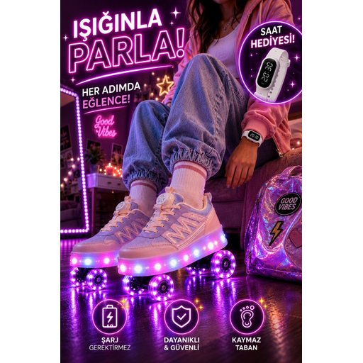Muggo SKY حذاء رياضي أطفال بعجلات وإضاءة LED - بودرة Muggo SKY Kids' Light-Up Roller Skate Sneaker Shoes - Powder Pink