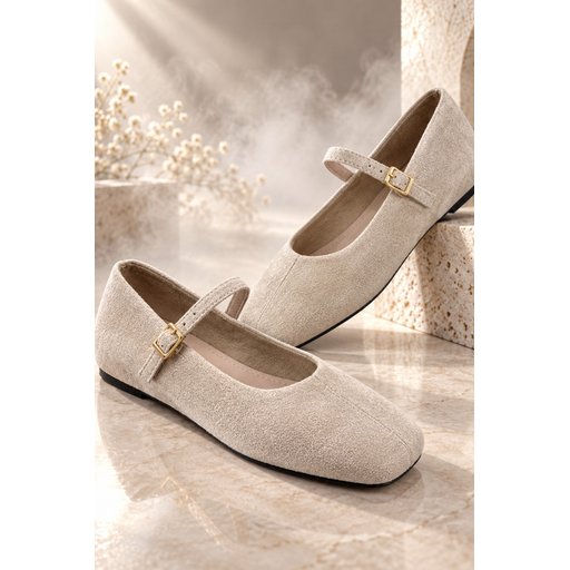 حذاء MUGGO FLEUR ماري جين نسائي يومي بكعب مخفي، مقدمة مربعة، شريط واحد، كعب مسطح - بيج Muggo FLEUR Women's Mary Jane Flats - Hidden Heel, Square Toe, Single Strap - Beige