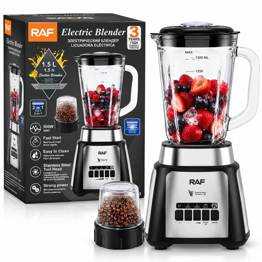 خلاط كهربائي راف 2 في 1 سعة 1.5 لتر بقوة 500 واط مع مطحنة – R.2923 RAF 2 in 1 Electric Blender with Grinder 1.5L 500W – R.2923