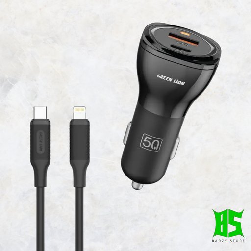 شاحن سيارة سريع جرين ليون مزدوج المنافذ بقوة 50 واط مع كابل تايب سي إلى لايتنينج Green Lion Dual Port 50W Car Charger with USB-C to Lightning Cable