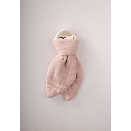 عضاضة أسنان من قماش الموسلين والخشب الطبيعي - وردي بودرة Muslin Fabric and Natural Wood Teether - Powder Pink