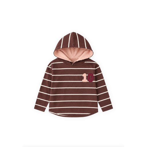 تي شيرت مخطط بغطاء رأس للأطفال 3-10 سنوات - لون بنفسجي داكن Striped Hooded Seasonal T-Shirt for Kids 3-10 Years - Plum