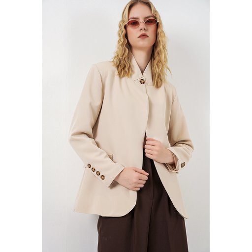 جاكيت بليزر نسائي بيج فضفاض بزر واحد 0749 Women's Single Button Oversize Blazer Jacket 0749 - Beige