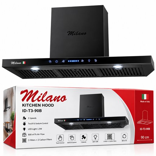 مرشحة مطبخ ميلانو سوداء 90 سم زجاج مقسى 3 سرعات – ID-T3-90B Milano Kitchen Cooker Hood 90cm Black Tempered Glass 3 Speeds – ID-T3-90B
