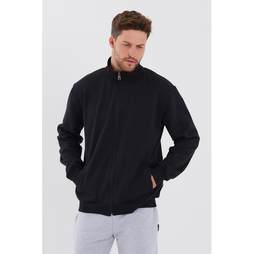 جاكيت رجالي أسود بياقة قائمة وسحاب وجيوب جانبية مبطن بالقطن Men's Black Cotton-Lined Stand-Up Collar Zippered Cardigan with Side Pockets