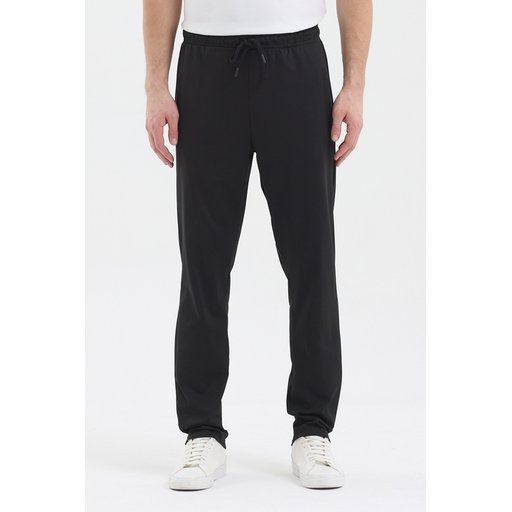 بنطلون رياضي رجالي جوغر أسود بقصة مستقيمة مع جيوب بسحاب Men's Black Jogger Sweatpants with Zipper Pockets, Elastic Waist, Straight Leg