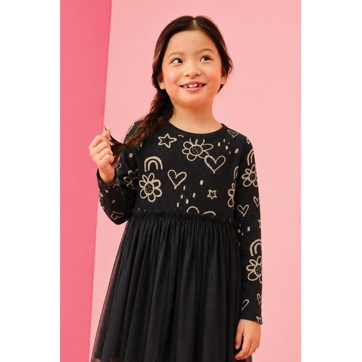 فستان بناتي أسود بتصميم منقوش مع طبقة تول (1-6 سنوات) Girls' Patterned Tulle Dress 1-6 Years - Black