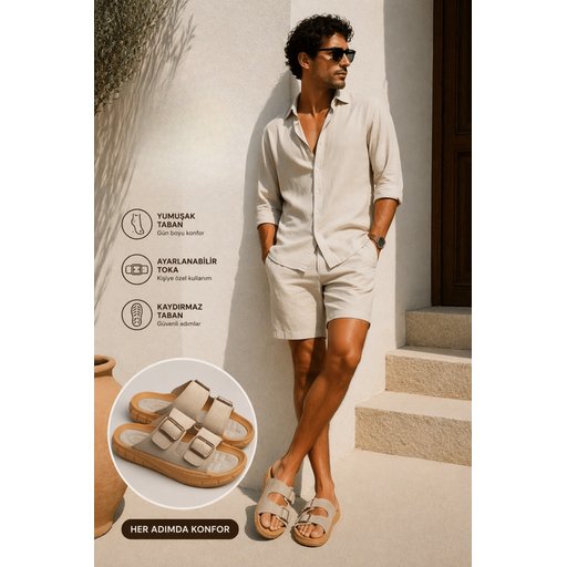 Muggo AUGUSTA شبشب رجالي يومي قابل للتعديل بإبزيم مزدوج - بيج Muggo AUGUSTA Men's Adjustable Double Buckle Casual Slippers - Beige