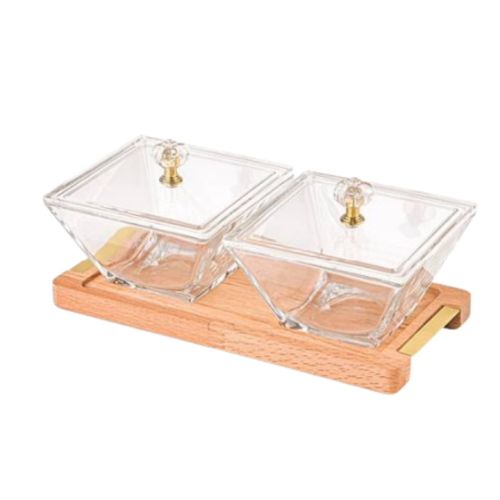 سيت تقديم زجاجي مع قاعدة خشبية -2 قطع Square Snack Serving Tray with Wooden Base – 2pcs