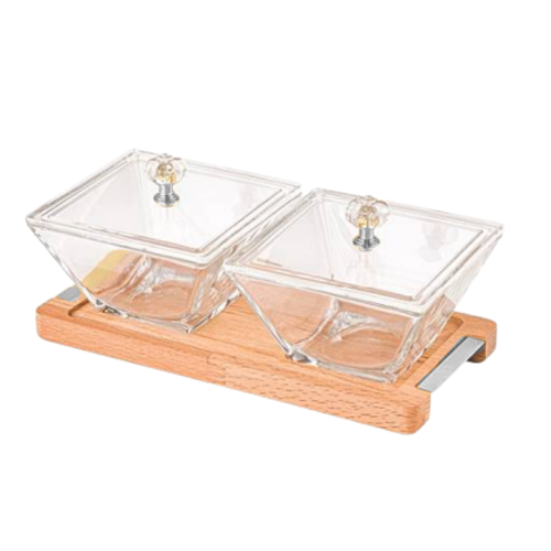 سيت تقديم زجاجي مع قاعدة خشبية -2 قطع Square Snack Serving Tray with Wooden Base – 2pcs