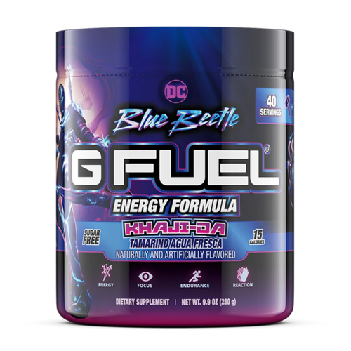 GFUEL Blue Beetle KHAJI-DA Tub علبة مشروب طاقة بنكهة التوت الازرق والفواكه الاستوائية