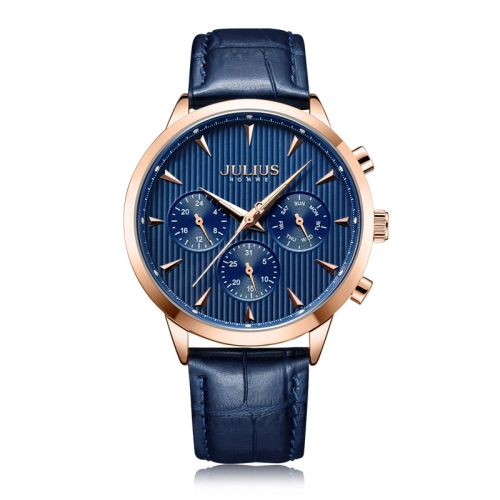 ساعة رجالية من جوليوس الكورية دائرية  ذهبية سير جلد ازرق مع مينا زرقاء JULIUS Watch for Men - Analog Display, Leather Band