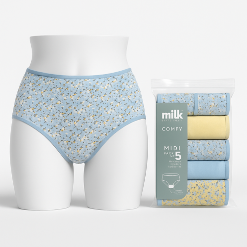 باكيت 5 قطع لباس داخلي نسائي خصر ميدي بطانة خاولي قطن طبيعي 100% MIDI COMFY 09 PACK/5