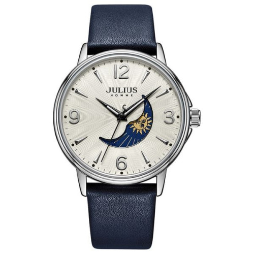 ساعة رجالية من جوليوس الكورية دائرية  سيلفر سير جلد ازرق مع مينا بيضاء JULIUS Watch For Men - Analog Display, Leather Band - Blue