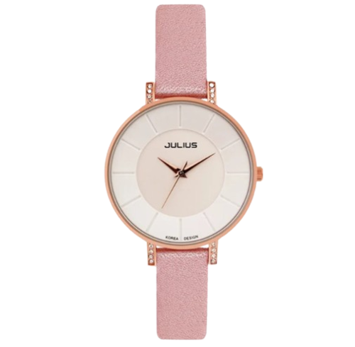 ساعة نسائية من جوليوس الكورية جاي اي 766  دائريه ذهبي زهري سير وردي ومينا وردية JULIUS Watch JA-766 for Women - Analog, Leather - Pink