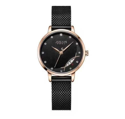 ساعة نسائية من جوليوس الكورية اي جي 1179 دي دائرية ذهبية سير سوداء مينا سوداء JULIUS Watch JA-1179 for Women - Analog, Stainless Steel - Black