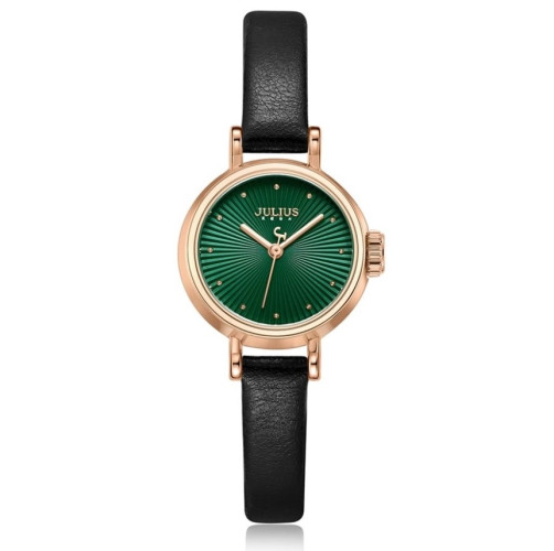 ساعة نسائية من جوليوس الكورية جاي اي 1371 دي دائرية ذهبيه سير جلد اسود مينا خضراء JULIUS Watch JA-1371D for Women - Analog, Leather - Black