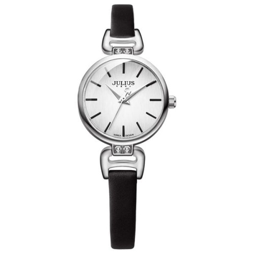ساعة نسائية من جوليوس الكورية جاي اي 925 دائرية فضية سير جلد اسود مينا بيضاء JULIUS Watch JA-925A for Women - Analog, Leather - Black