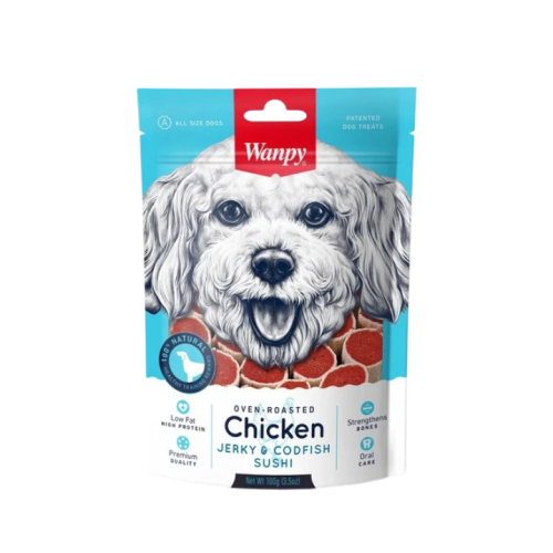 وجبة كلاب بشرائح الدجاج وسمك القد Dog Treat Chicken Jerky & Codfish Sushi