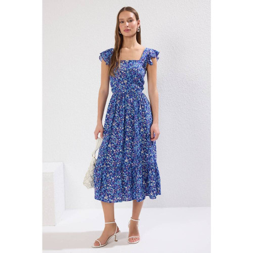 فستان ميدي منسوج من الفيسكوز بقصة A-line وياقة مربعة وطبعة زهور Floral Print Square Collar A-line Viscose Midi Woven Dress