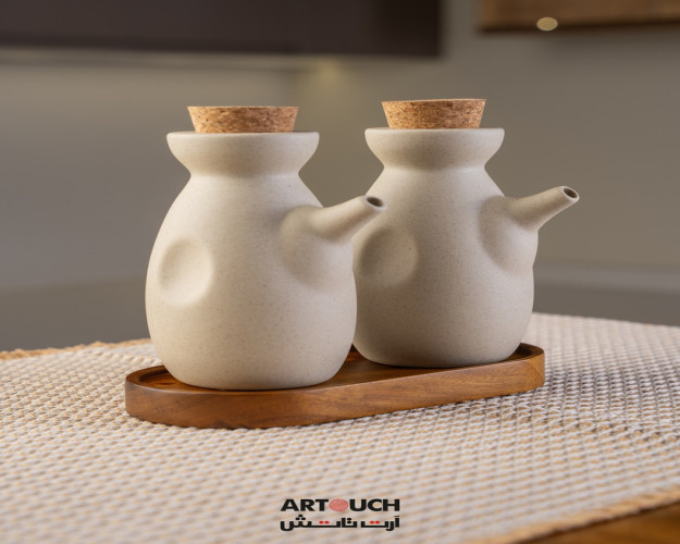 سيت مزيتة سيراميك قاعدة خشب Ceramic oil dispenser set with wooden base