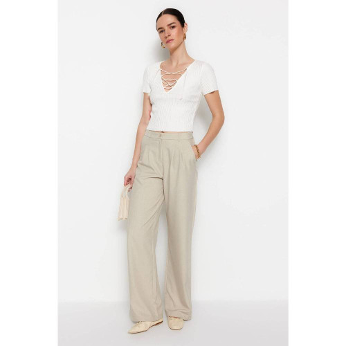 بنطلون منسوج بأرجل واسعة وكسرات أمامية Pleated Wide Leg Woven Trousers