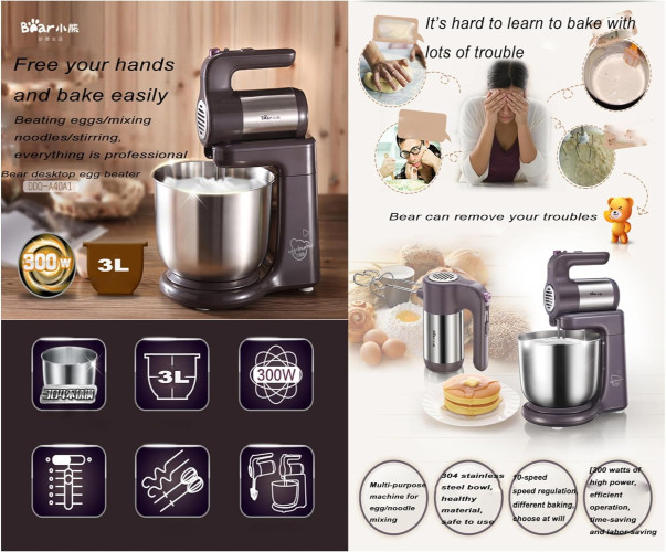 خلاط ستاند كهربائي بير سعة 3 لتر – وعاء ستانلس ستيل وملحقات كاملة Electric Stand Mixer – 300W Stainless Steel Bowl with Full Accessories