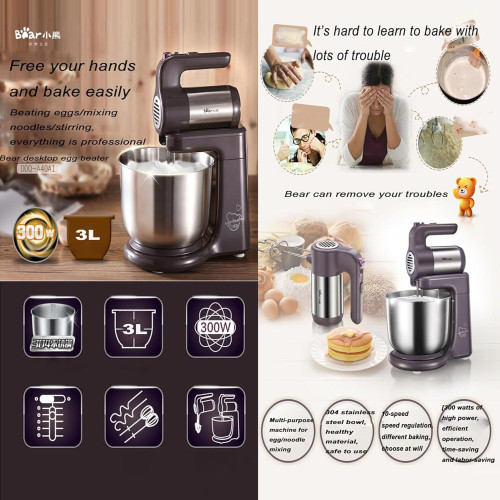 خلاط ستاند كهربائي بير سعة 3 لتر – وعاء ستانلس ستيل وملحقات كاملة Electric Stand Mixer – 300W Stainless Steel Bowl with Full Accessories