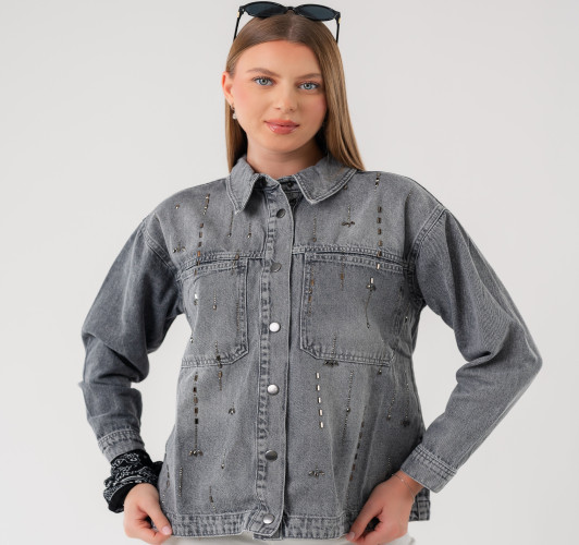 جاكيت جينز نسائي رمادي Women's Grey Denim Jacket
