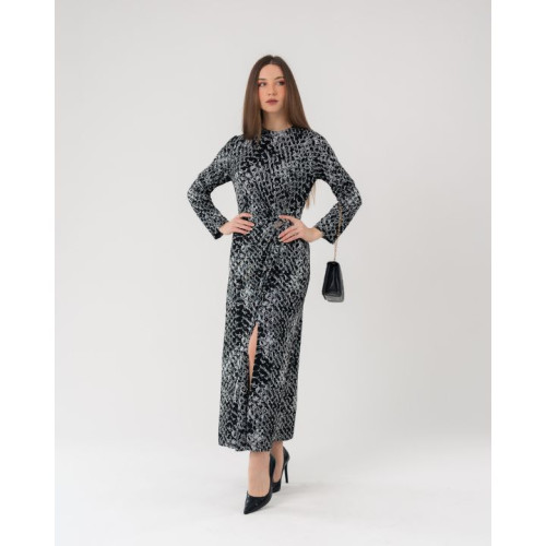 فستان ميدي بنقشة جلد الثعبان وتفصيل البروش Dress with Snake Print and Brooch Detail