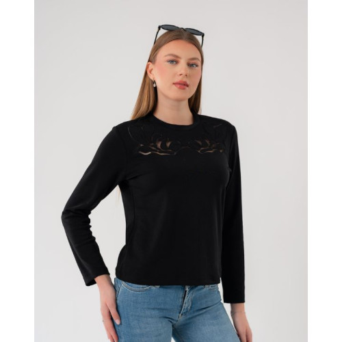 بلوزة نسائية سوداء بأكمام طويلة وتفاصيل شبكية مطرزة Black Long-Sleeve Top with Details