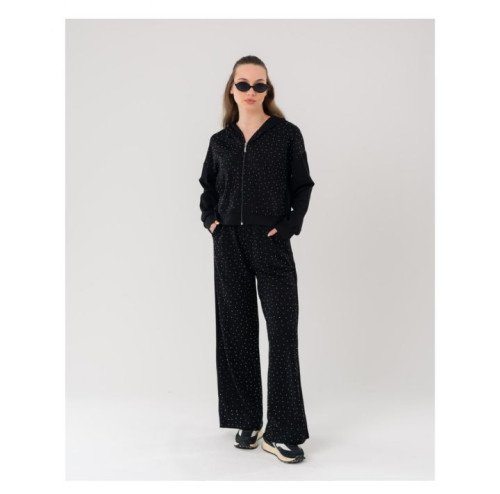 طقم بدلة رياضي نسائي (تراكسوت) مزينة بقطع كريستال Women's Black Rhinestone Studded Tracksuit