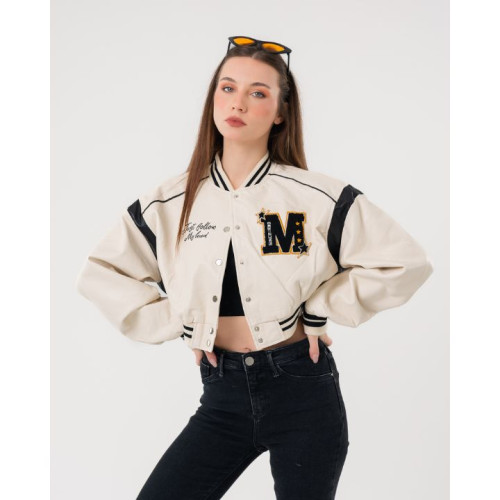 جاكيت بومبر قصير جلد Faux Leather Varsity Jacket