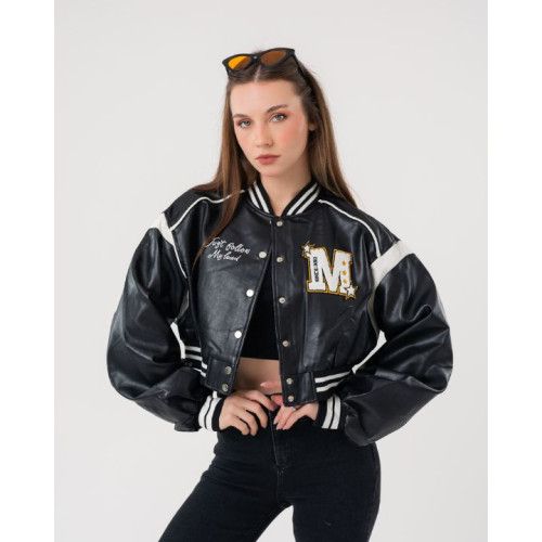 جاكيت بومبر قصير جلد Faux Leather Varsity Jacket
