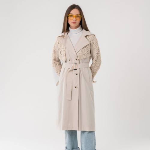 معطف ترنش طويل بتطريز كروشيه Trench Coat with Handmade Crochet