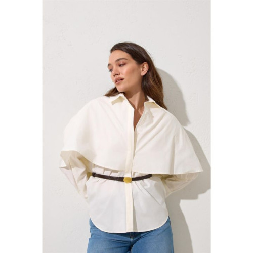 قميص عاجي قطن 100% مع حزام عند الخصر Ecru 100% Cotton Belt Detailed Shirt
