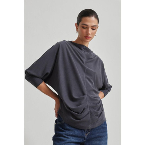 بلوزة بأكمام طويلة باللون المدخن Smoked Pucker Detailed Long Sleeve Blouse