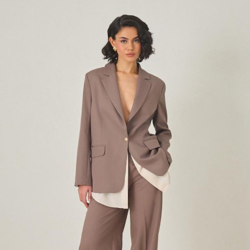 جاكيت قهوة بزر واحد وتفاصيل قميص Coffee One Button and Shirt Detailed Jacket