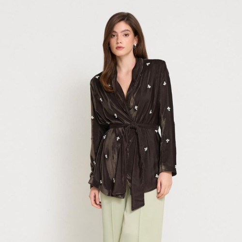 جاكيت خاكي بتفاصيل حجر وياقة وتربط أمامية Haki Stone and Collar Detailed Tie-Up Jacket