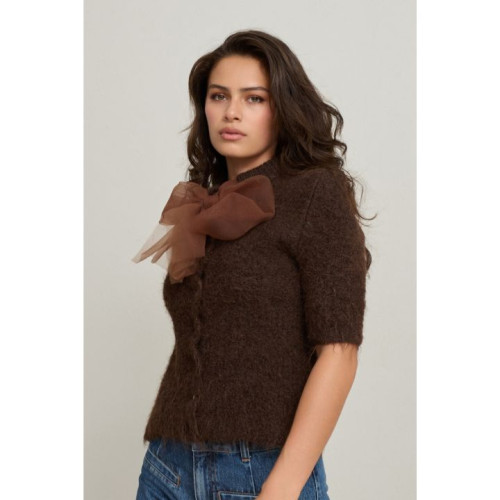 جاكيت تريكو بني بأكمام قصيرة وتفاصيل فيونكة Open Brown Bow Detailed Short Sleeve Knitwear
