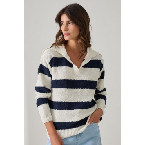 بلوز تريكو مخطط بقصة مريحة وتفاصيل ياقة كريمية Comfortable Cut Striped Knitwear with Cream Collar Detail
