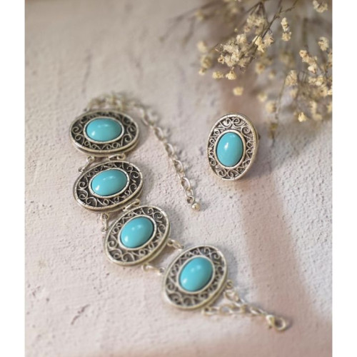 طقم خاتم وسوار نحاس مطلي بماء الفضة Silver-Plated Copper Ring & Bracelet Set
